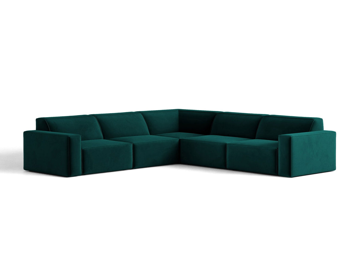Symmetrisches modulares Ecksofa Jodie von Micadoni in leichtem Beige mit Venus-Samtstoff und schwarzen Kunststoffbeinen, Eckform.