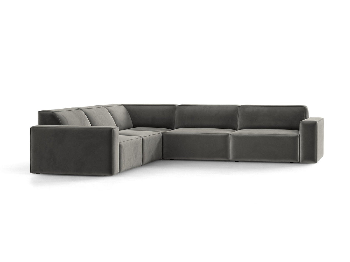 Symmetrisches modulares Ecksofa Jodie von Micadoni in leichtem Beige mit Venus-Samtstoff und schwarzen Kunststoffbeinen, Eckform.
