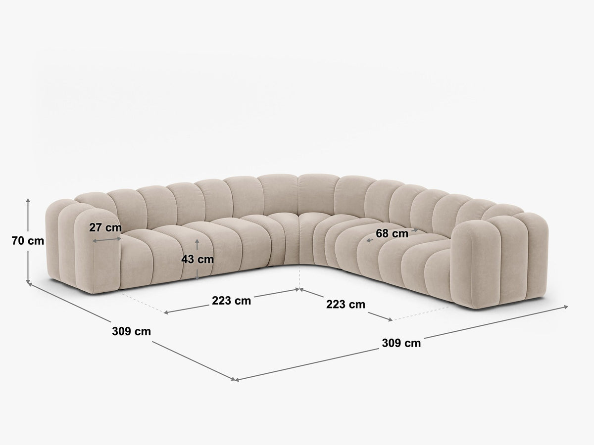 Modulares symmetrisches Ecksofa Lupine von Micadoni in leichtem Beige mit Venus-Samtstoff und schwarzen Kunststoffbeinen aus Polypropylen