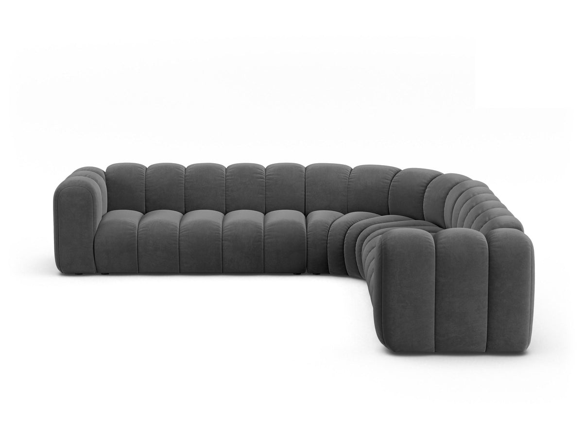 Modulares symmetrisches Ecksofa Lupine von Micadoni in leichtem Beige mit Venus-Samtstoff und schwarzen Kunststoffbeinen aus Polypropylen