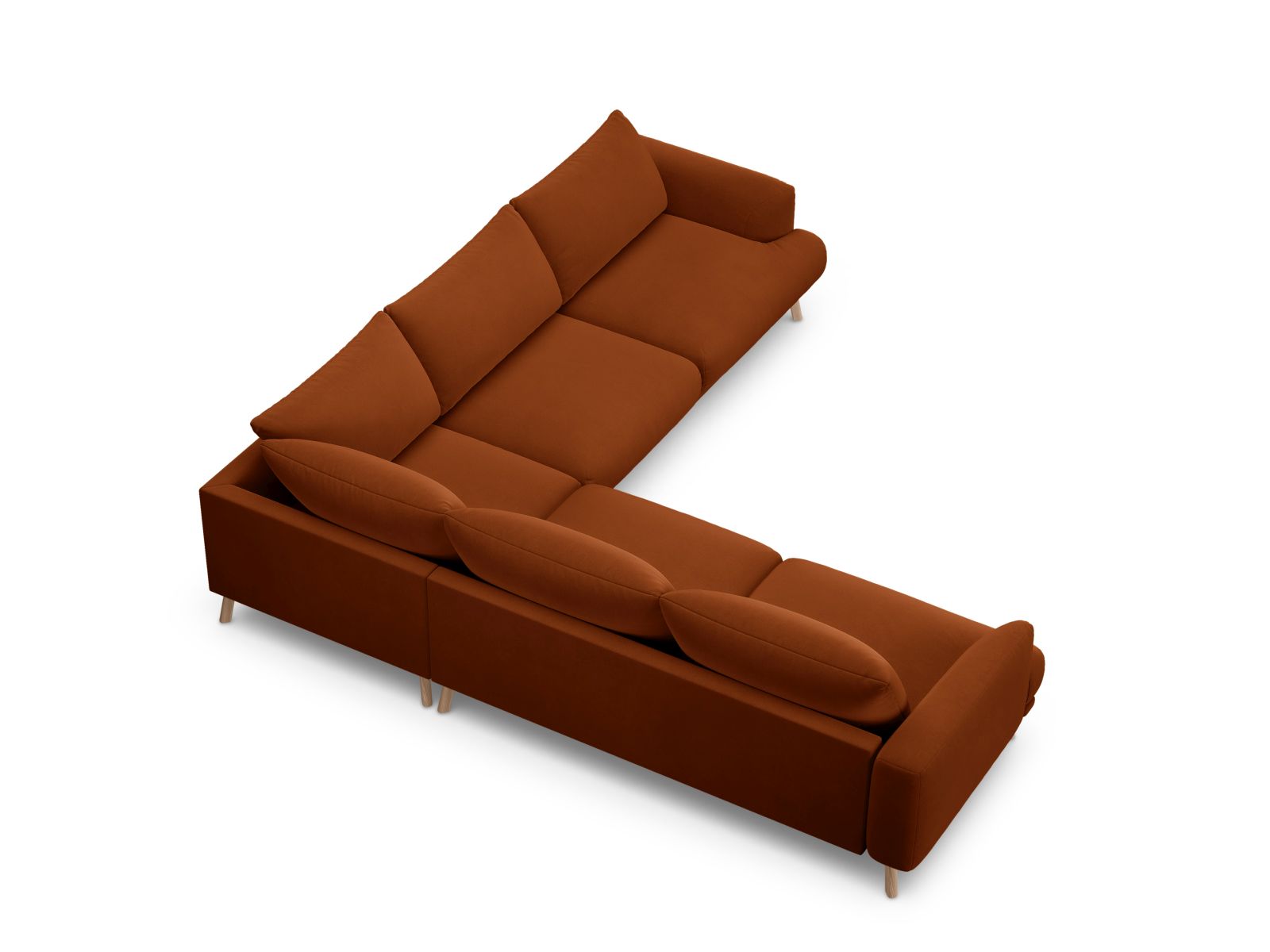Elegantes 5-Sitzer Ecksofa Symmetric Naomi in warmem Terracotta, ideal für gemütliche Abende und geschmackvolle Wohnräume.