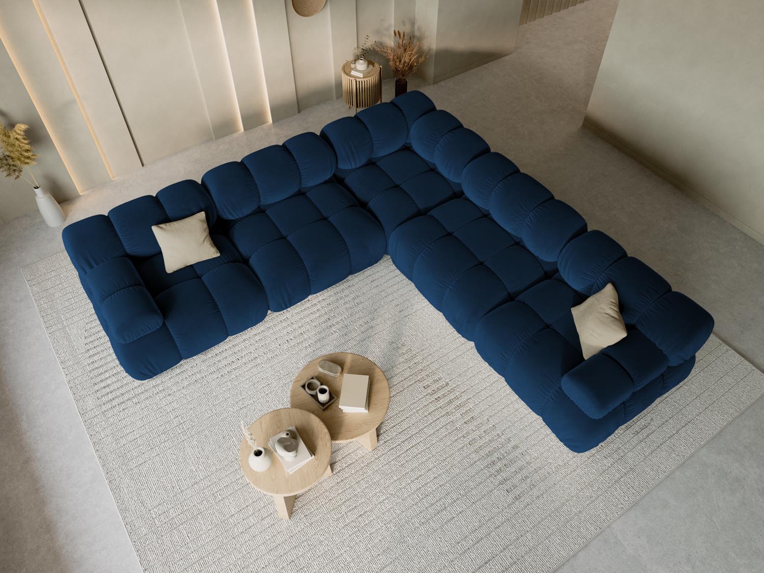 Elegantes Bellis Velour Ecksofa in Royal Blue, 5-Sitzer, 282 cm, ideal für stilvolle Wohnräume, präsentiert von Micadoni.