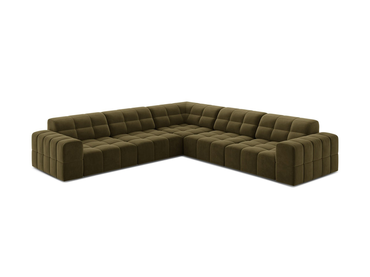 Symmetrisches Ecksofa Jennifer von Micadoni in beige mit Chenille-Bezug, schwarzen Kunststoffbeinen und breiter Sitzfläche.
