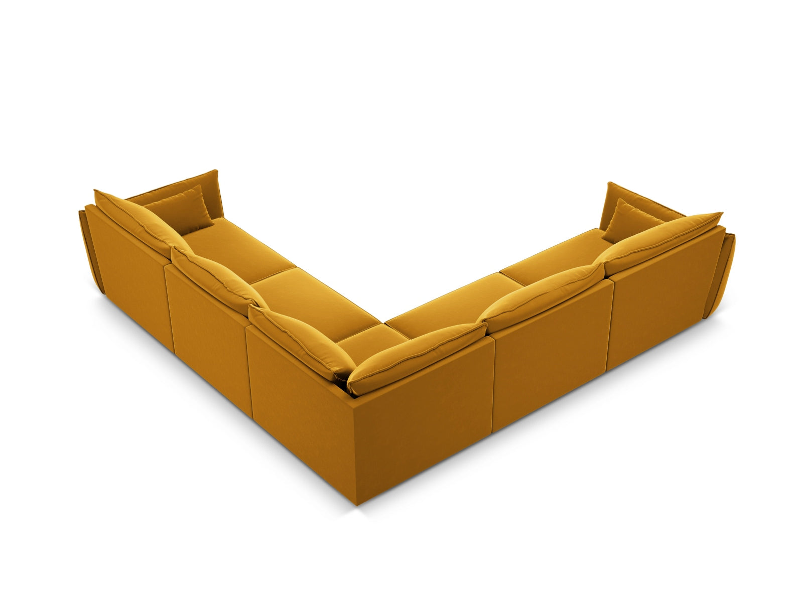 Modernes 7-sitziges Ecksofa Kaelle aus Velours in Gelb-Blau, perfekt für gemütliche und stilvolle Wohnzimmergestaltung.