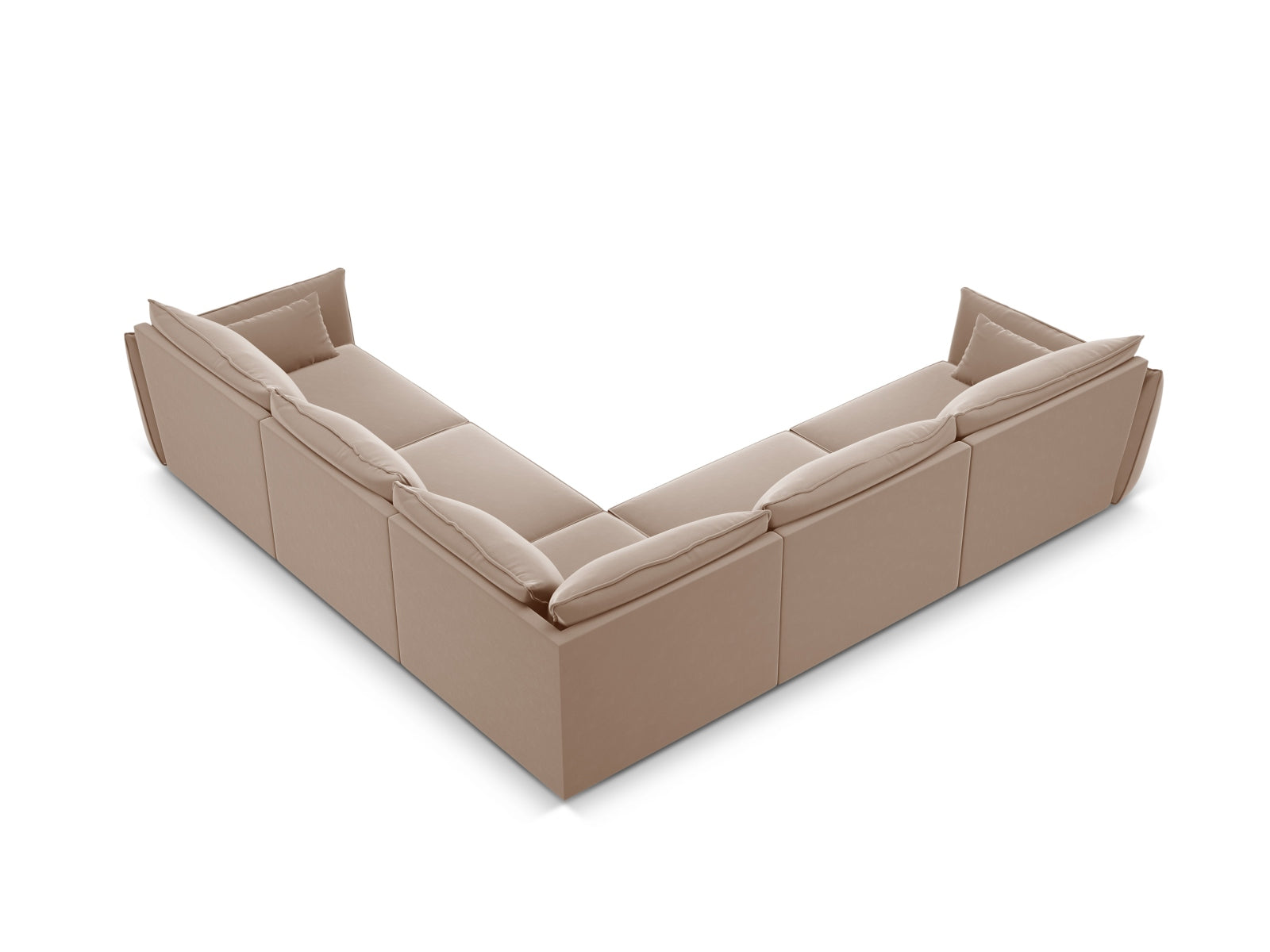 Elegantes Kaelle Velour Ecksofa für 7 Personen in sanften Beige- und Blautönen, perfekt für stilvolle Wohnzimmergestaltung.