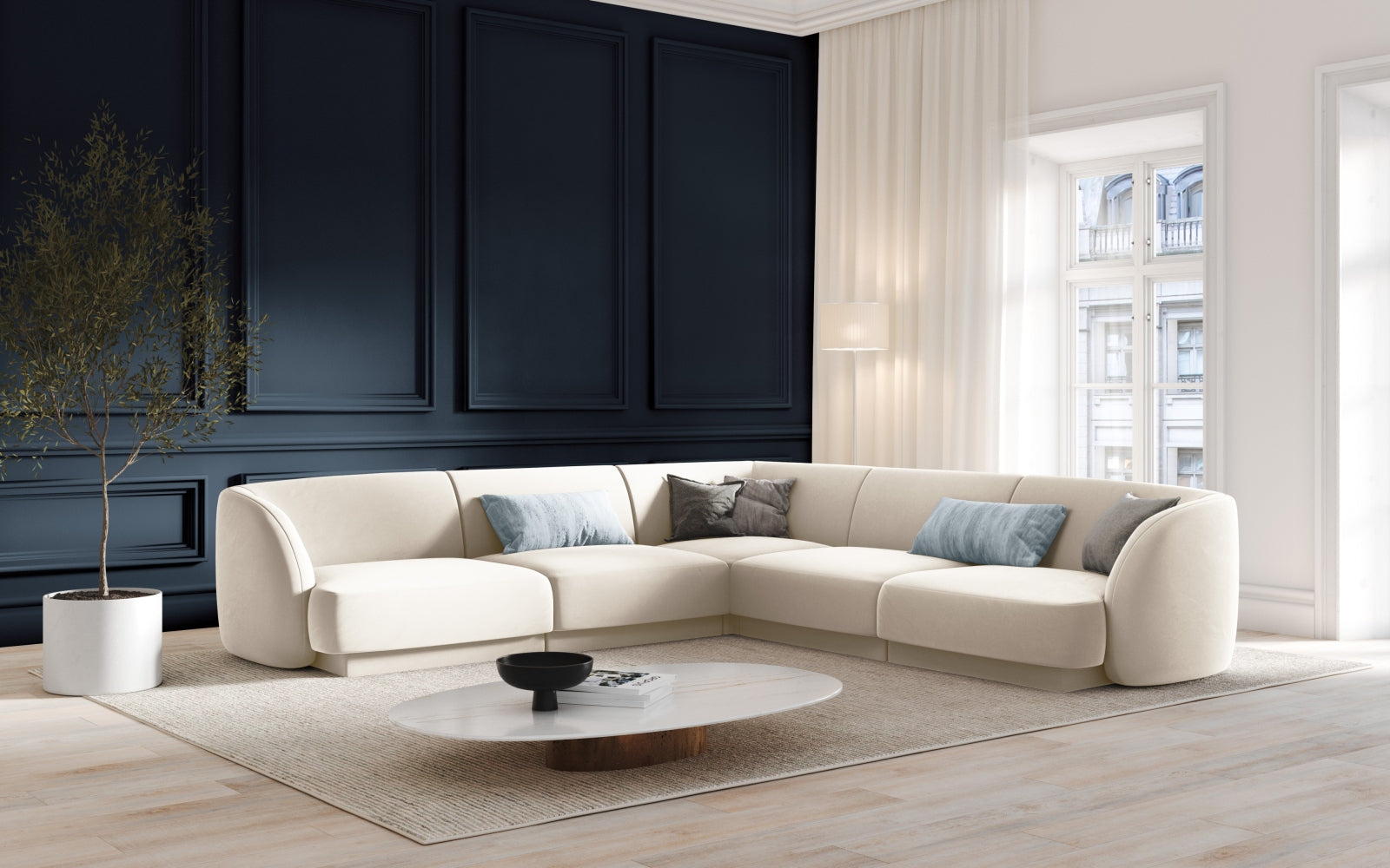 Miley Velour Symmetrical Ecksofa 5 Sitzer in Light Beige präsentiert im Onlineshop von KAQTU Design AG. Ecksofa ist von Micadoni
