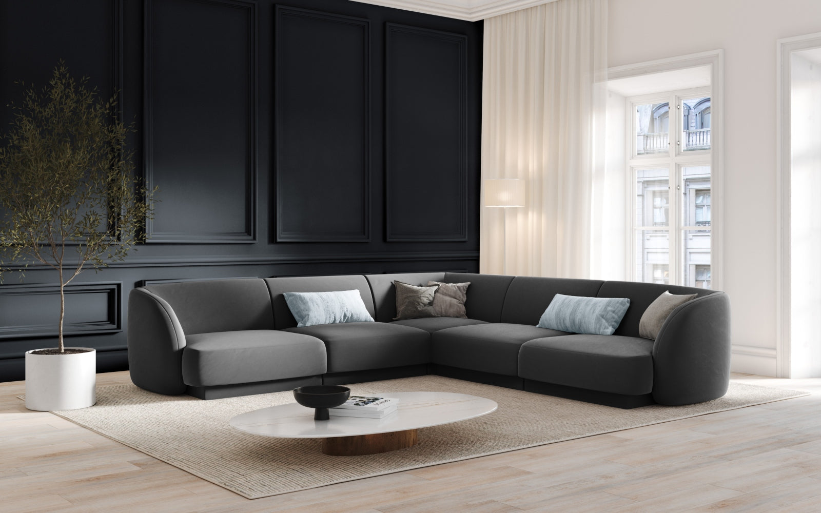 Miley Velour Symmetrical Ecksofa 5 Sitzer in Grey präsentiert im Onlineshop von KAQTU Design AG. Ecksofa ist von Micadoni