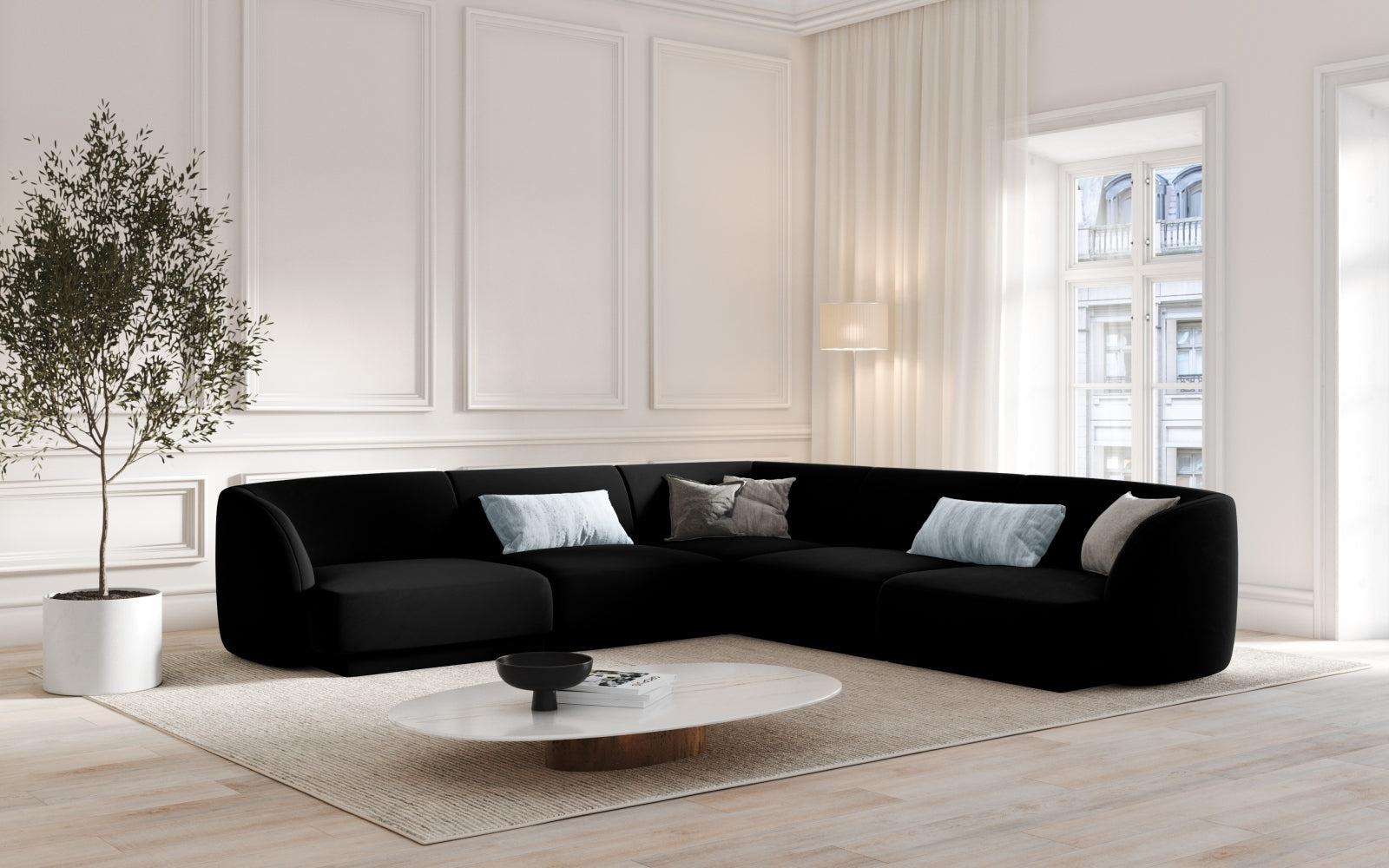 Miley Velour Symmetrical Ecksofa 5 Sitzer in Black präsentiert im Onlineshop von KAQTU Design AG. Ecksofa ist von Micadoni