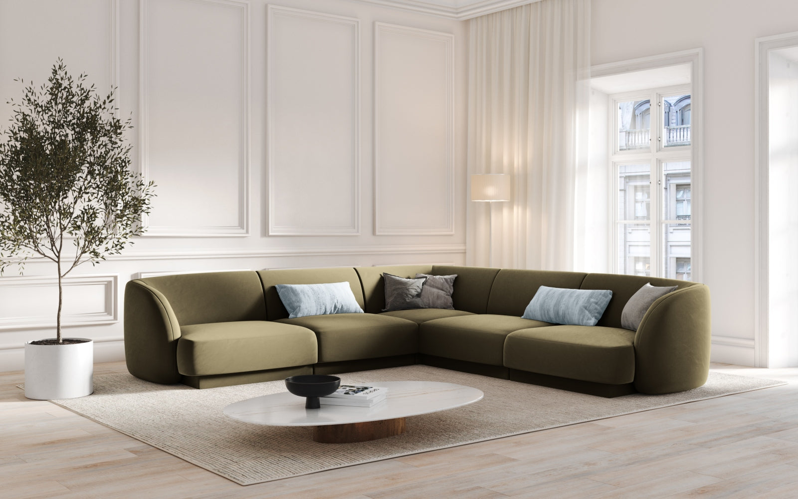 Miley Velour Symmetrical Ecksofa 5 Sitzer in Green präsentiert im Onlineshop von KAQTU Design AG. Ecksofa ist von Micadoni
