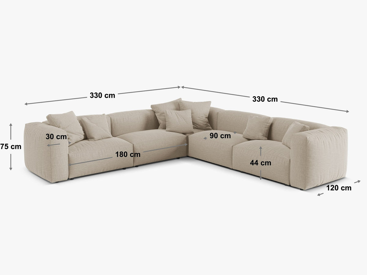 Modulares Ecksofa Martina von Micadoni in Schokolade, symmetrische Eckform, Veloursstoff-Bezug und schwarze Kunststoffbeine, Grösse 330x330 cm.