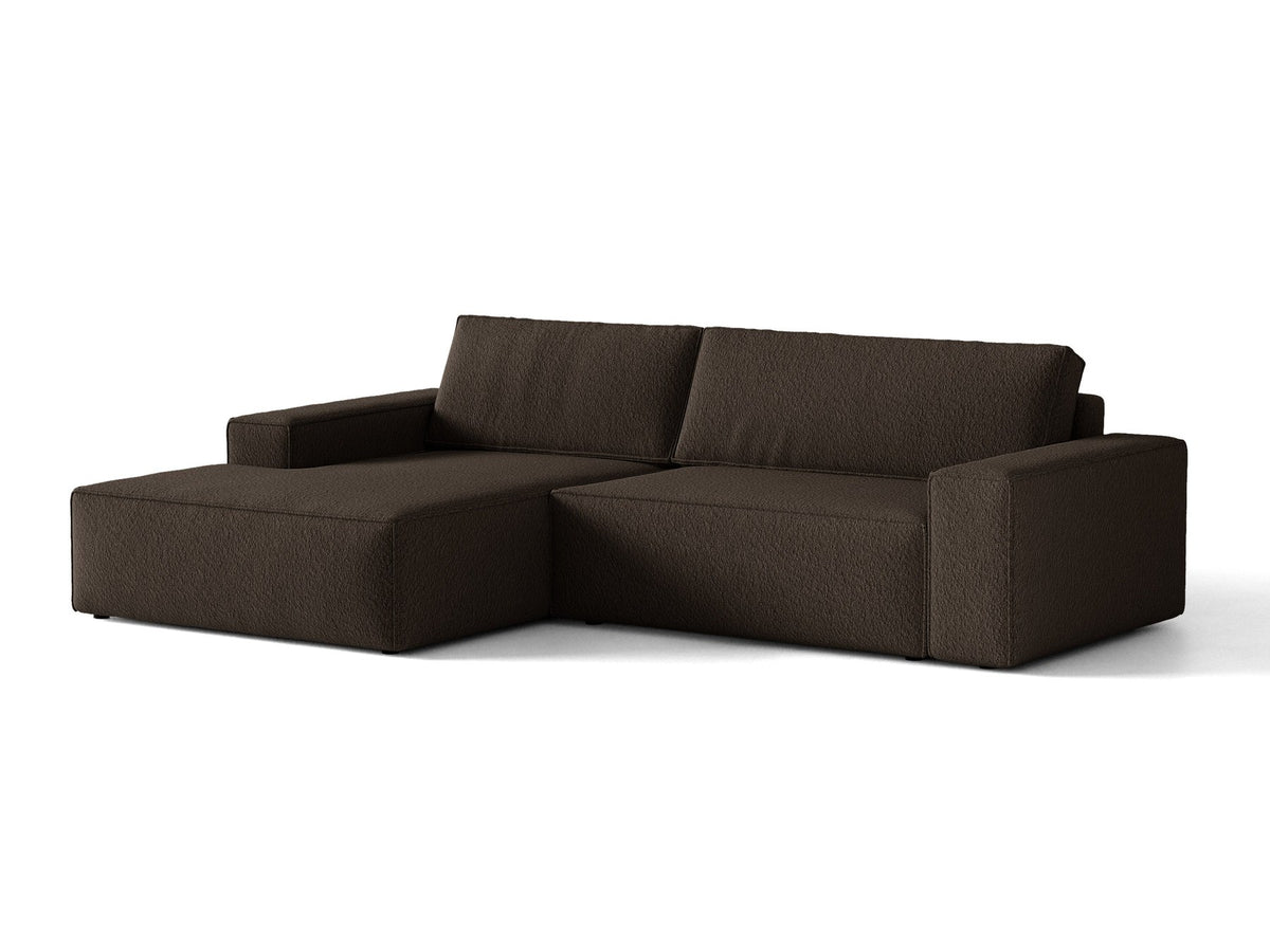 Braunes Ecksofa Jodie von Micadoni mit linker Ausrichtung, Baloo-Stoffbezug, schwarzen Kunststoffbeinen und ausklappbarem Bettkasten.