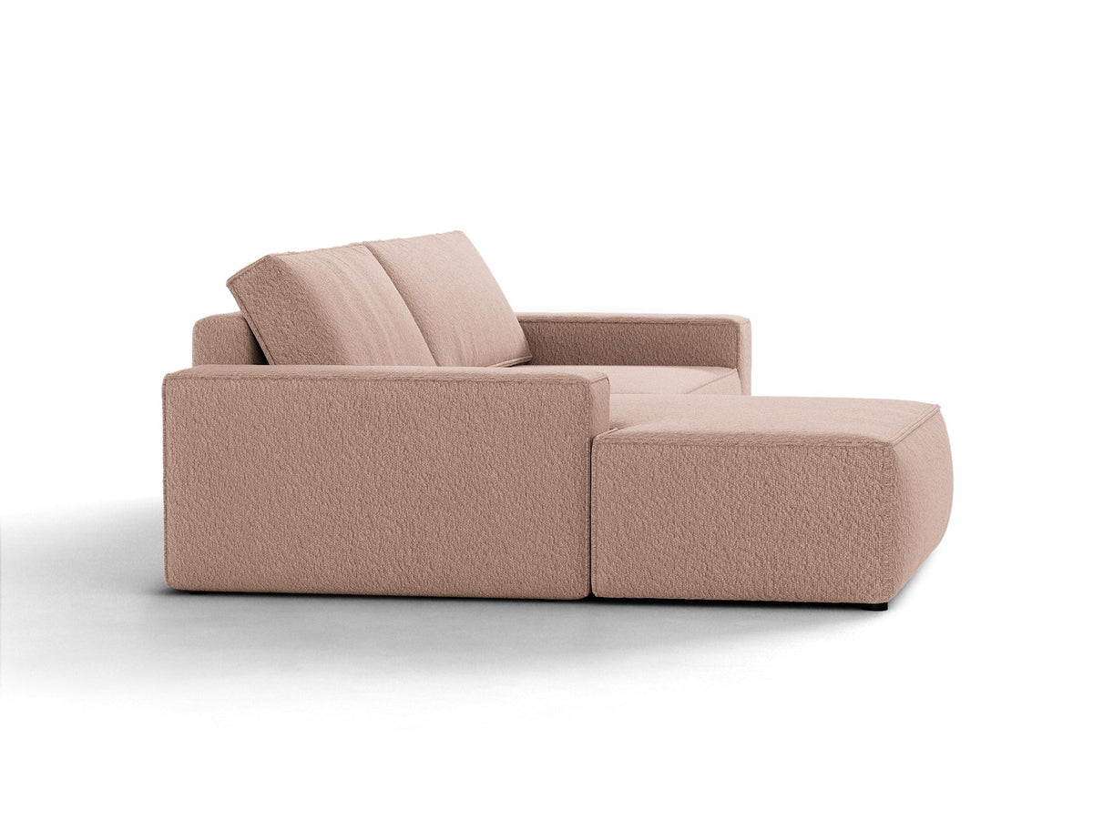 Braunes Ecksofa Jodie von Micadoni mit linker Ausrichtung, Baloo-Stoffbezug, schwarzen Kunststoffbeinen und ausklappbarem Bettkasten.