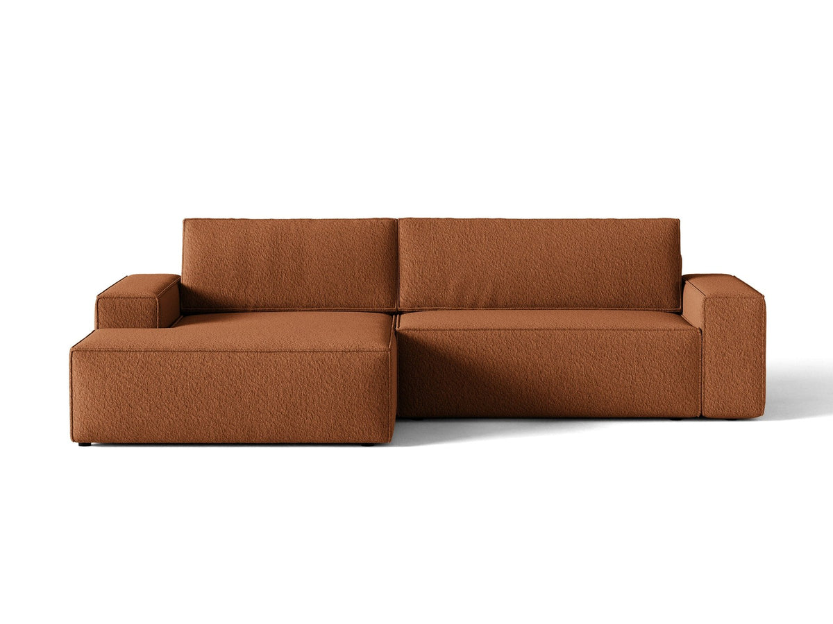 Braunes Ecksofa Jodie von Micadoni mit linker Ausrichtung, Baloo-Stoffbezug, schwarzen Kunststoffbeinen und ausklappbarem Bettkasten.