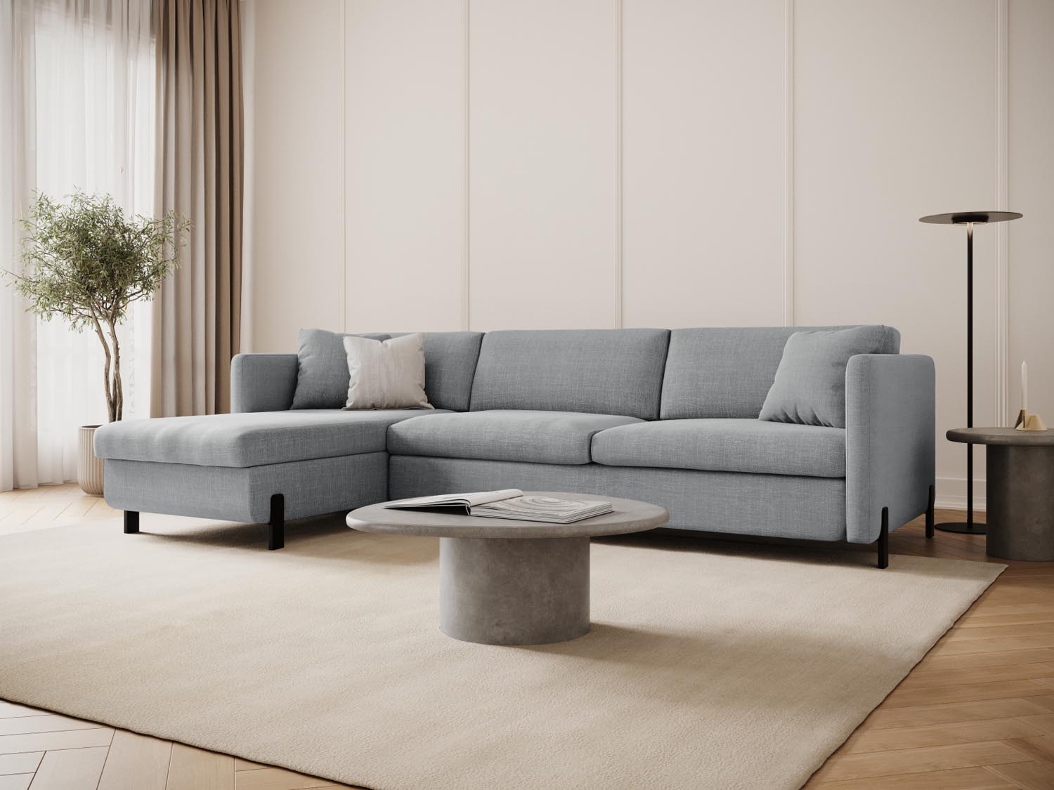 Stylisches Gloria Ecksofa links in Hellgrau, 5-Sitzer mit Schlaffunktion und Stauraum, ideal für moderne Wohnräume.