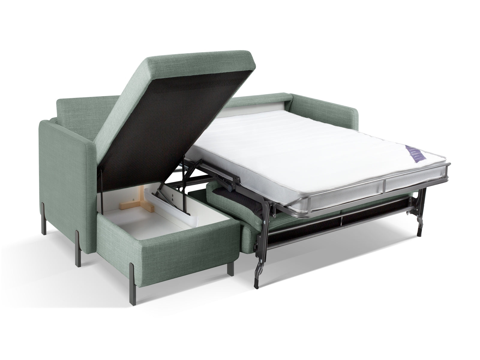 Modernes 5-Sitzer Ecksofa in elegantem Mintgrün, ausgestattet mit Schlaffunktion und Stauraum für eine optimale Raumnutzung.