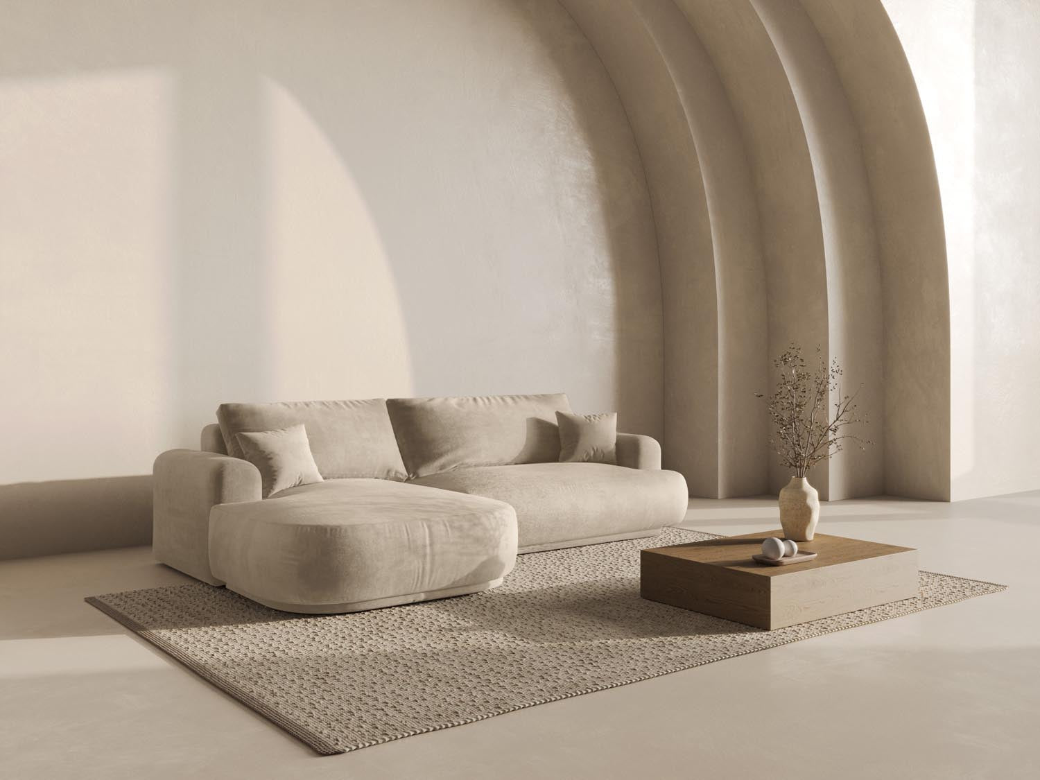 Entdecken Sie das elegante Ella Velour Ecksofa links von Micadoni. Dieses 5-Sitzer Sofa bietet eine Schlaffunktion und cleveren Stauraum für Ihr Zuhause.
