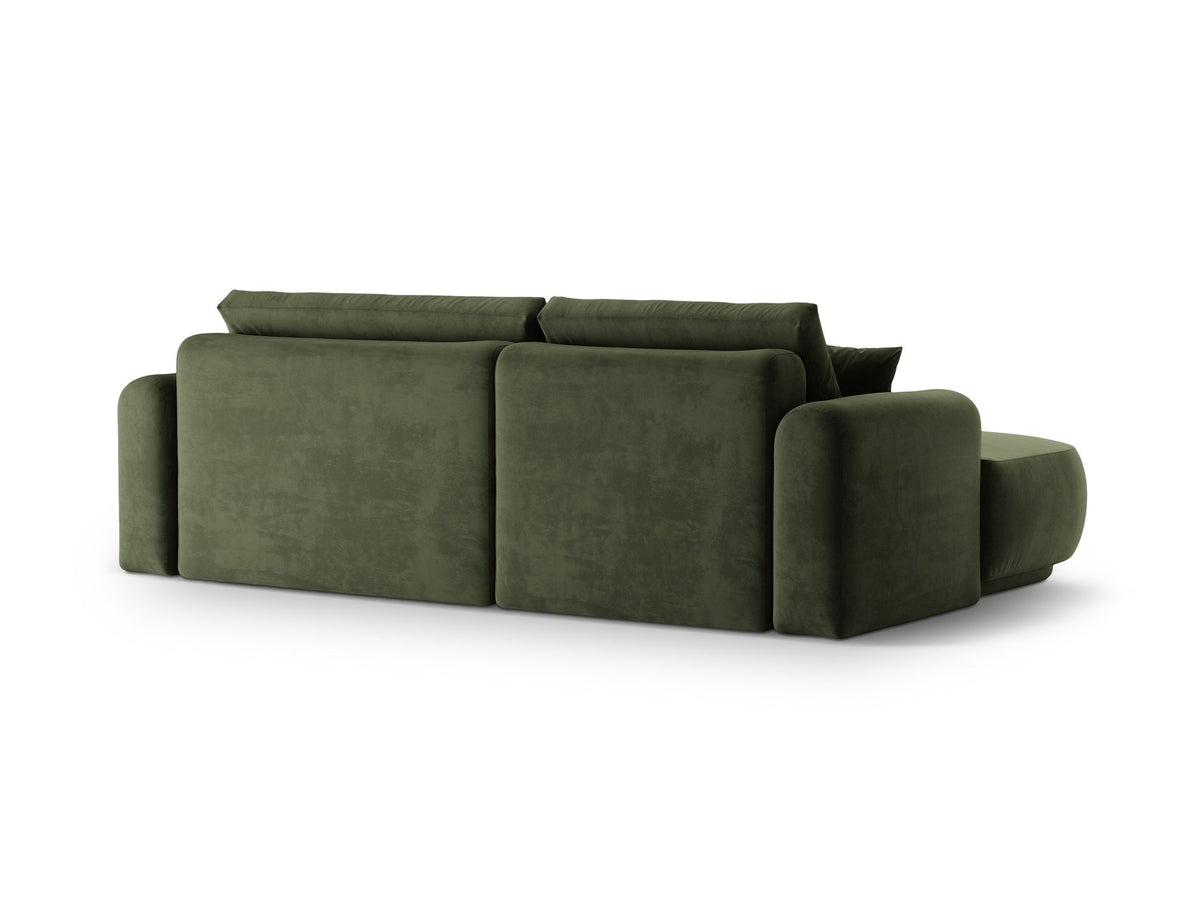 Ecksofa Ella von Micadoni in Leichtes Beige mit Veloursstoff-Bezug, schwarzen Kunststoffbeinen und ausklappbarer Liegefläche links, Retro-Form.