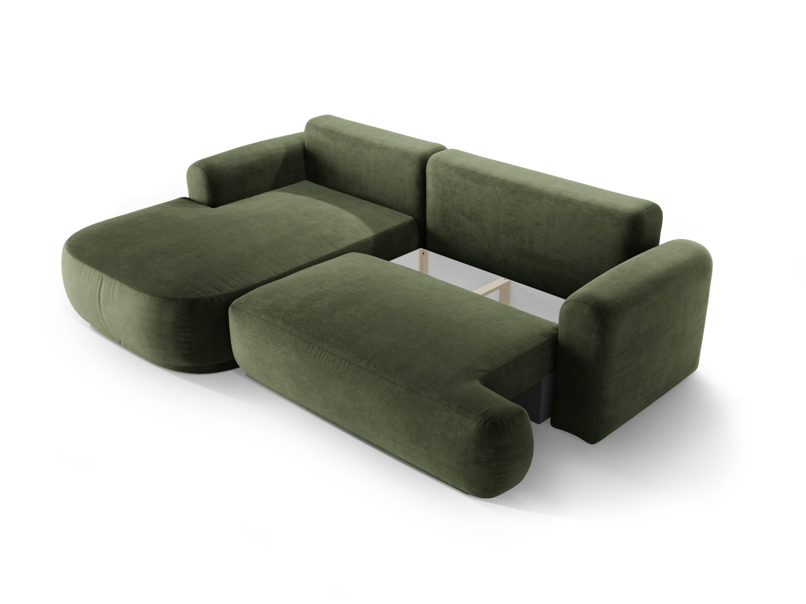 Erleben Sie das Ella Velour Ecksofa links von Micadoni. Dieses stilvolle 5-Sitzer Sofa vereint Schlaffunktion und praktischen Stauraum für Ihr modernes Zuhause.
