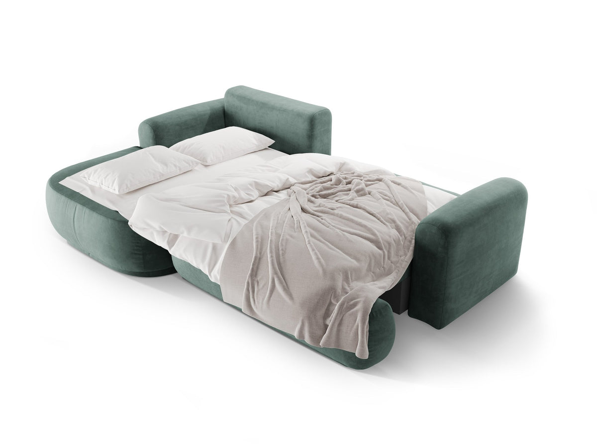 Ecksofa Ella von Micadoni in Leichtes Beige mit Veloursstoff-Bezug, schwarzen Kunststoffbeinen und ausklappbarer Liegefläche links, Retro-Form.