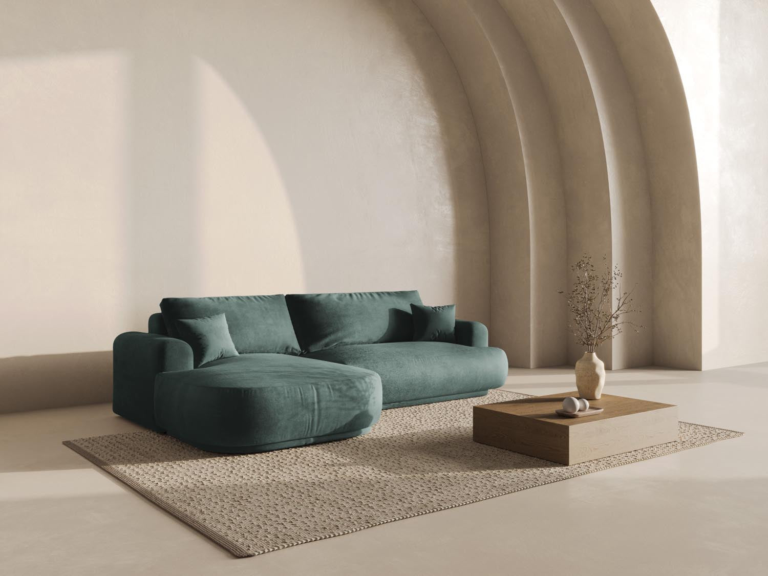 Erleben Sie das stilvolle Ella Velour Ecksofa links von Micadoni. Dieses 5-Sitzer Sofa vereint Schlaffunktion und praktischen Stauraum für maximalen Komfort.
