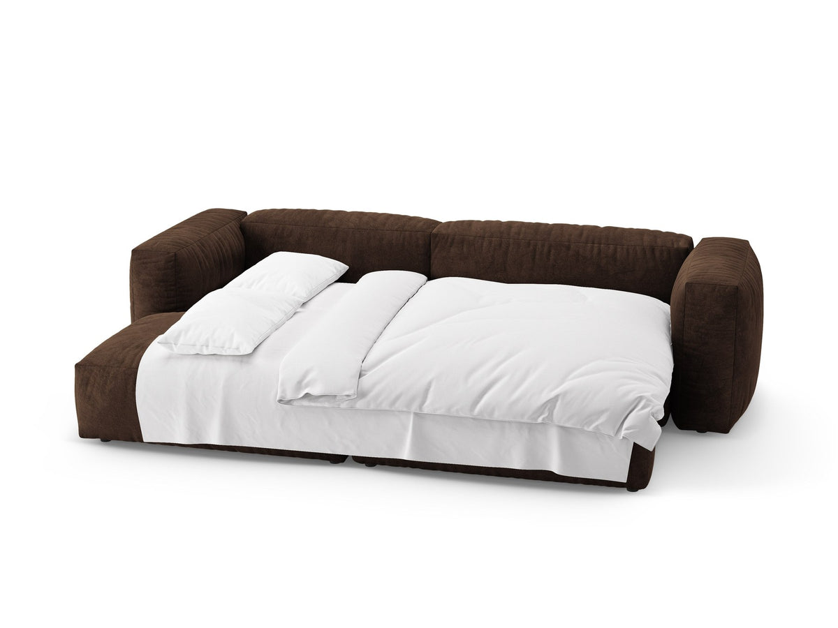 Ecksofa Martina in Schokolade mit Veloursbezug Vogue, schwarzen Kunststoffbeinen und ausklappbarer Liegefläche, Ausrichtung links.
