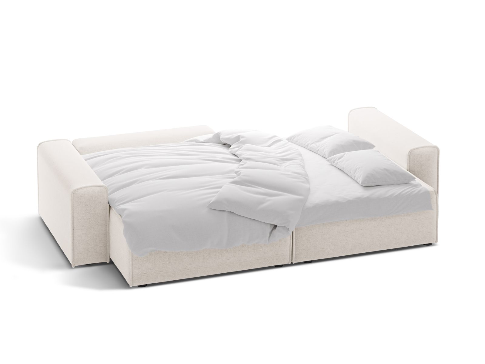 Modernes 3-Sitzer Ecksofa links mit komfortabler Schlafoption und integriertem Stauraum, Modell Victor in zeitlosem Hellbeige.