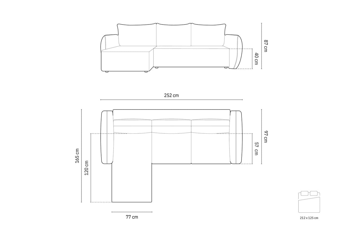 Linksseitiges Ecksofa Kaelle von Micadoni in leichtem Beige mit Chenille-Stoffbezug, schwarzen Kunststoffbeinen und ausklappbarem Bettkasten.
