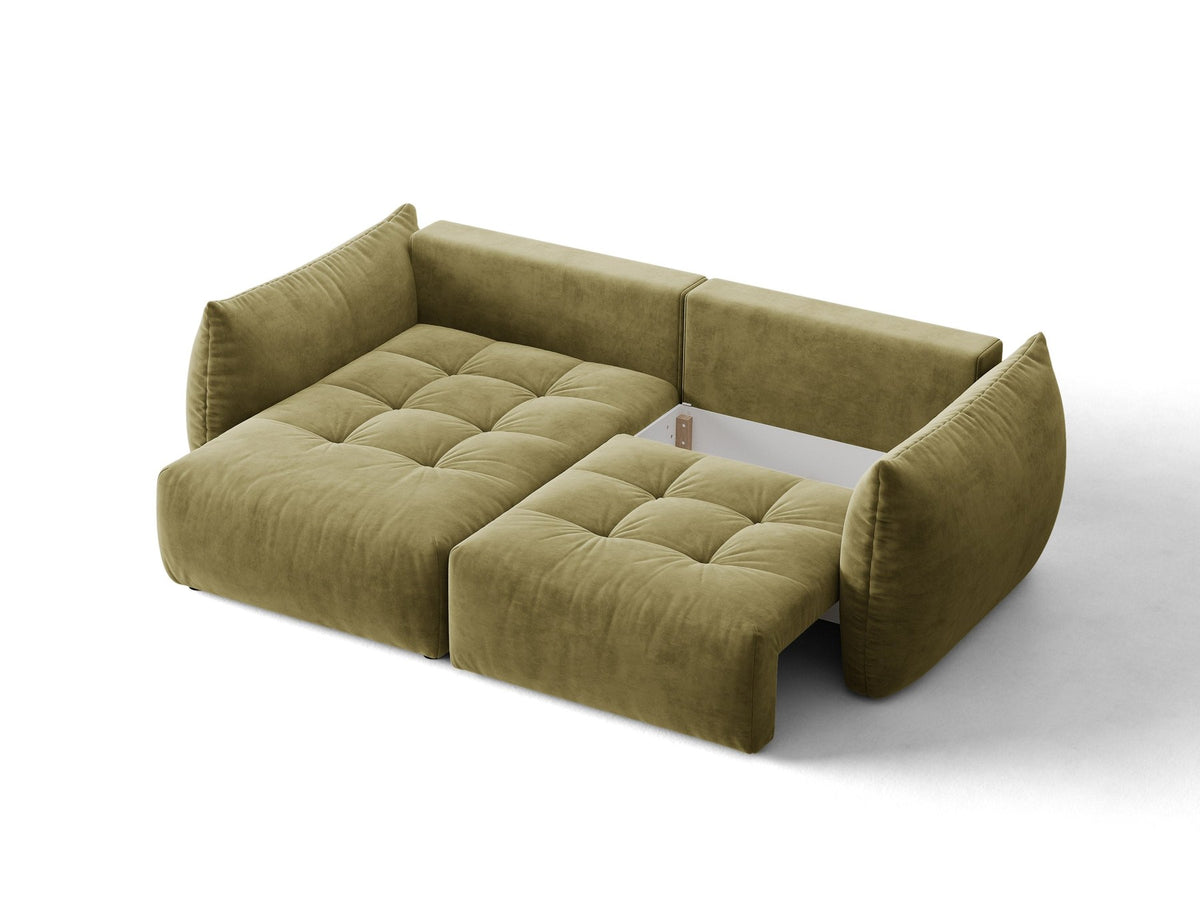 Ecksofa Bloom in Sand mit Velours-Bezug, schwarzen Kunststoffbeinen und ausklappbarer Schlaffunktion samt Bettkasten unter der Sitzfläche.