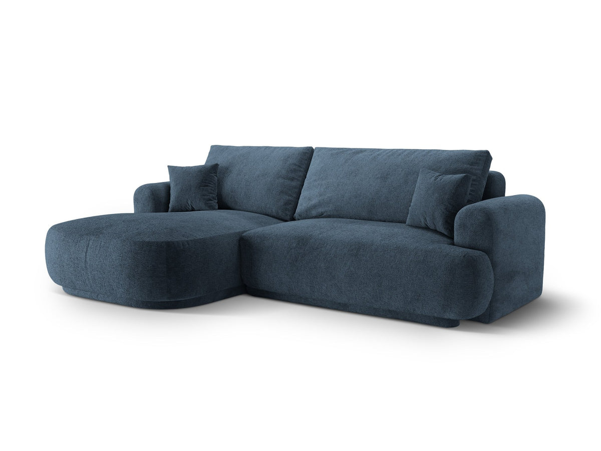 Ecksofa Ella von Micadoni in Leichtes Beige mit Veloursstoff-Bezug, schwarzen Kunststoffbeinen und ausklappbarer Liegefläche links, Retro-Form.