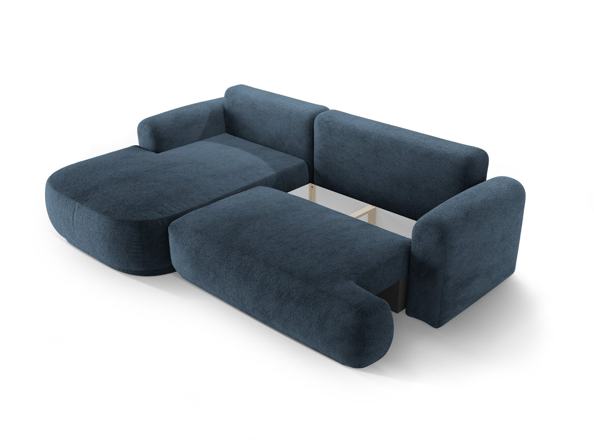 Ecksofa Ella von Micadoni in Leichtes Beige mit Veloursstoff-Bezug, schwarzen Kunststoffbeinen und ausklappbarer Liegefläche links, Retro-Form.
