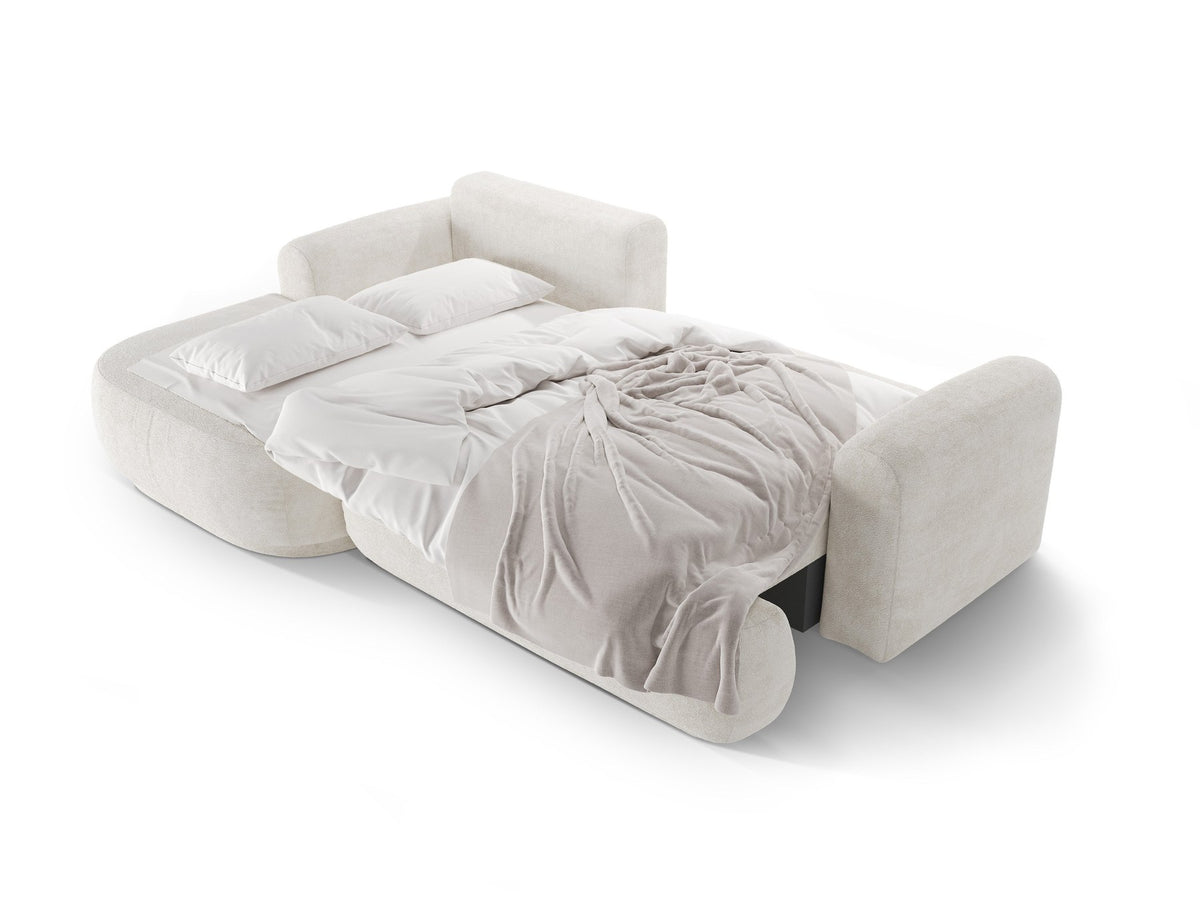Ecksofa Ella von Micadoni in Leichtes Beige mit Veloursstoff-Bezug, schwarzen Kunststoffbeinen und ausklappbarer Liegefläche links, Retro-Form.