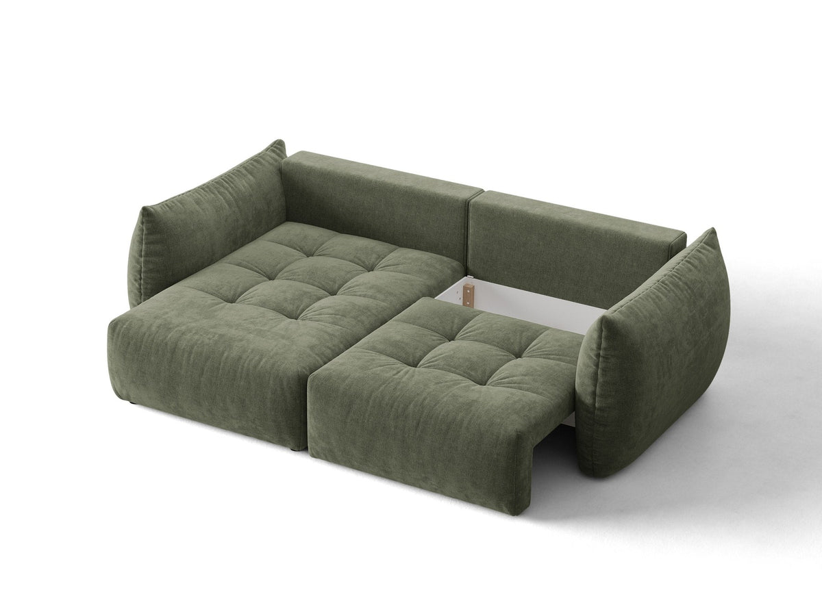 Ecksofa Bloom in Sand mit Velours-Bezug, schwarzen Kunststoffbeinen und ausklappbarer Schlaffunktion samt Bettkasten unter der Sitzfläche.
