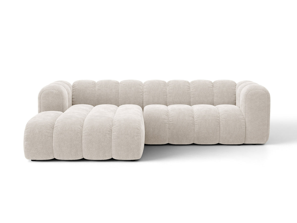 Lupine Ecksofa mit Bettfunktion und Stauraum links, Bezug aus Stoff Eden in Leichtes beige, schwarze Kunststoffbeine, Ecksofa-Form von Micadoni.