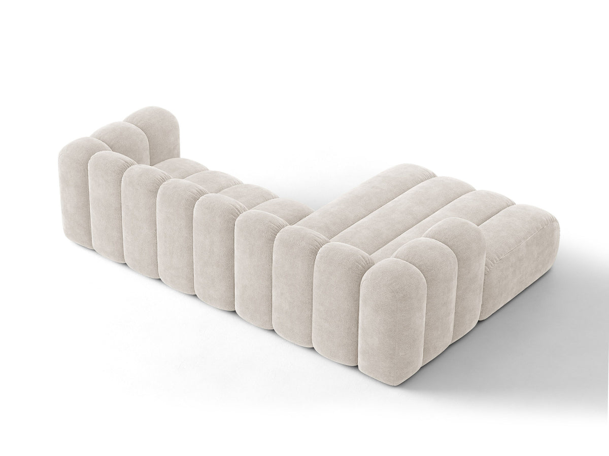 Lupine Ecksofa mit Bettfunktion und Stauraum links, Bezug aus Stoff Eden in Leichtes beige, schwarze Kunststoffbeine, Ecksofa-Form von Micadoni.