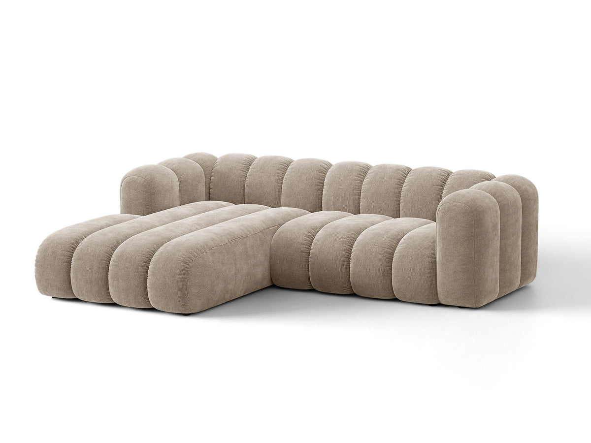 Lupine Ecksofa mit Bettfunktion und Stauraum links, Bezug aus Stoff Eden in Leichtes beige, schwarze Kunststoffbeine, Ecksofa-Form von Micadoni.