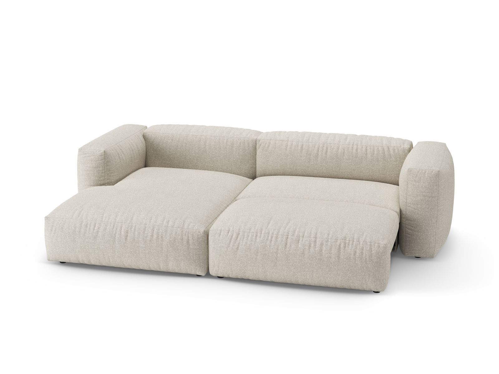 Beige 4-Sitzer Ecksofa Martina mit linksseitiger Schlaffunktion und cleverem Stauraum, ideal für moderne und gemütliche Wohnbereiche.