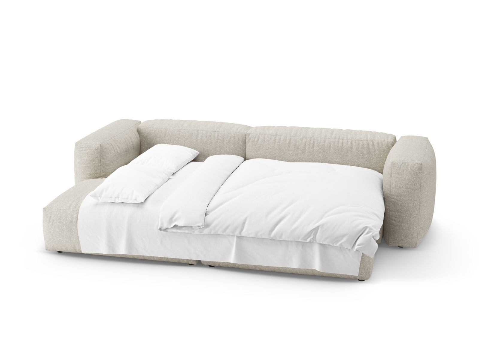 Beiges 4-Sitzer Ecksofa Martina mit linksseitiger Schlaffunktion und praktischem Stauraum, perfekt für stilvolle und einladende Wohnräume.