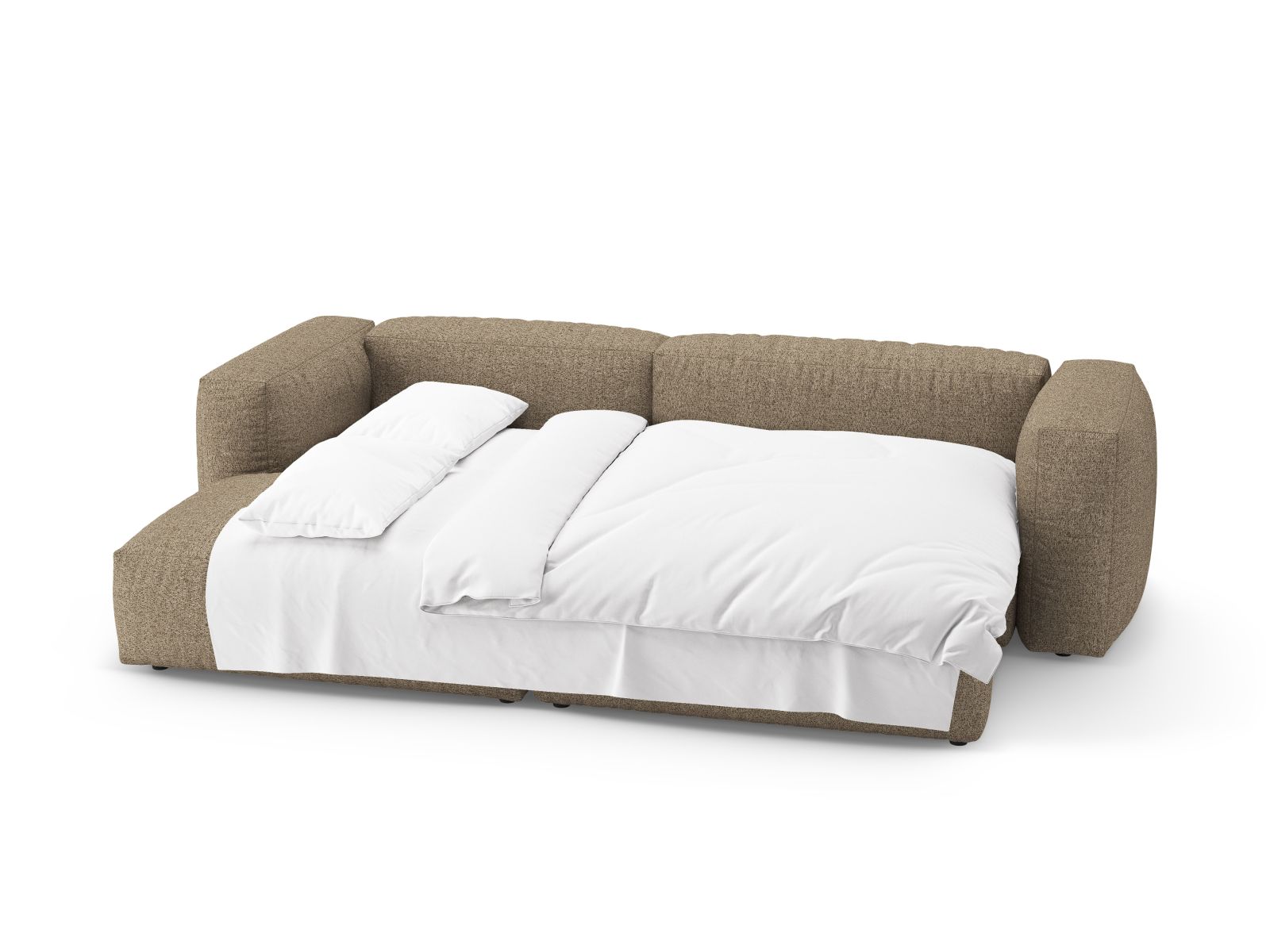 Modernes 4-Sitzer Ecksofa Martina in warmem Cappuccino, perfekt für gemütliche Abende, bietet Schlaffunktion und zusätzlichen Stauraum.