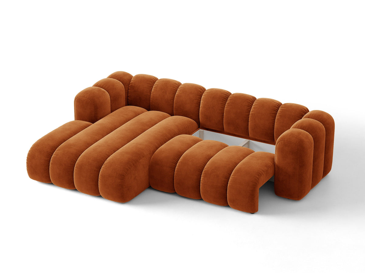 Lupine Ecksofa mit Bettfunktion und Stauraum links, Bezug aus Stoff Eden in Leichtes beige, schwarze Kunststoffbeine, Ecksofa-Form von Micadoni.