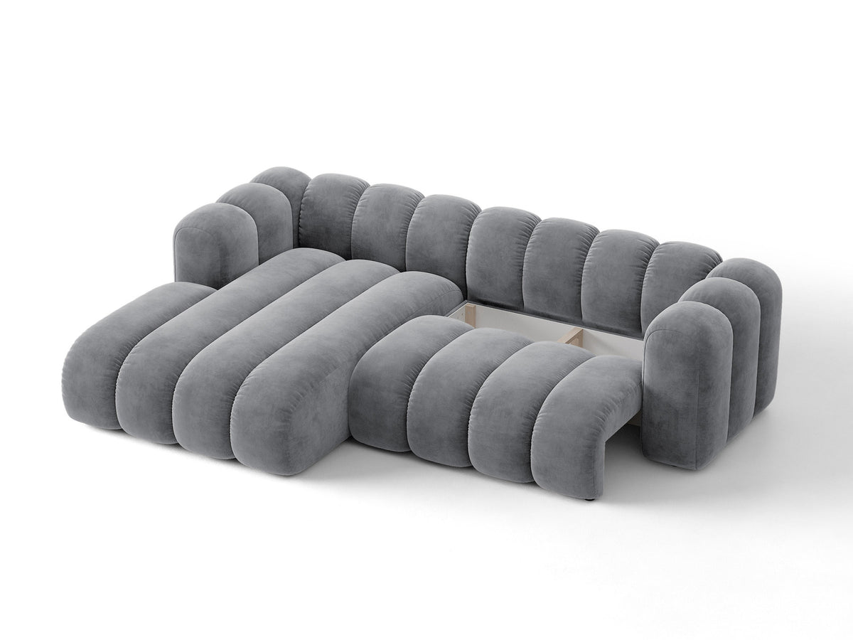 Lupine Ecksofa mit Bettfunktion und Stauraum links, Bezug aus Stoff Eden in Leichtes beige, schwarze Kunststoffbeine, Ecksofa-Form von Micadoni.