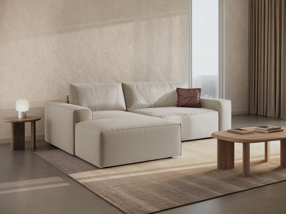 Jodie Velour Ecksofa links mit Schlaffunktion und Stauraumbox 3 Sitzer in Dark Beige-Bluvel präsentiert im Onlineshop von KAQTU Design AG. Bettsofa links ist von Micadoni