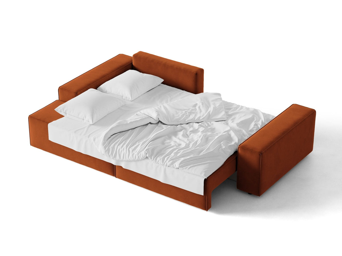 Braunes Ecksofa Jodie von Micadoni mit linker Ausrichtung, Baloo-Stoffbezug, schwarzen Kunststoffbeinen und ausklappbarem Bettkasten.