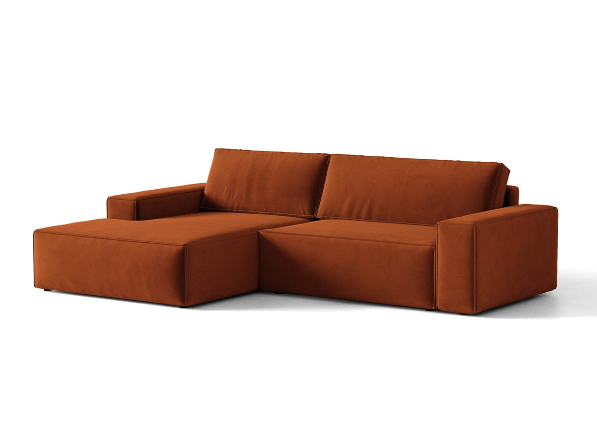 Braunes Ecksofa Jodie von Micadoni mit linker Ausrichtung, Baloo-Stoffbezug, schwarzen Kunststoffbeinen und ausklappbarem Bettkasten.