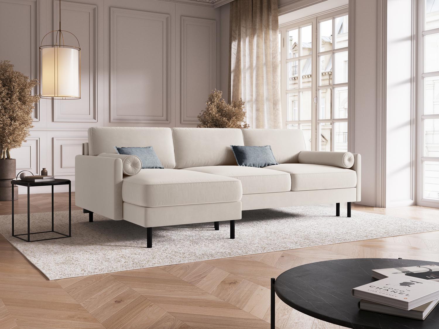 Scott Velour links Ecksofa mit Schlaffunktion und Stauraum 5 Sitzer in Light Beige präsentiert im Onlineshop von KAQTU Design AG. Ecksofa links ist von Micadoni