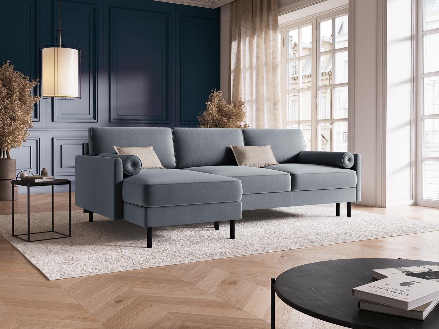Scott Velour links Ecksofa mit Schlaffunktion und Stauraum 5 Sitzer in Light Blue präsentiert im Onlineshop von KAQTU Design AG. Ecksofa links ist von Micadoni