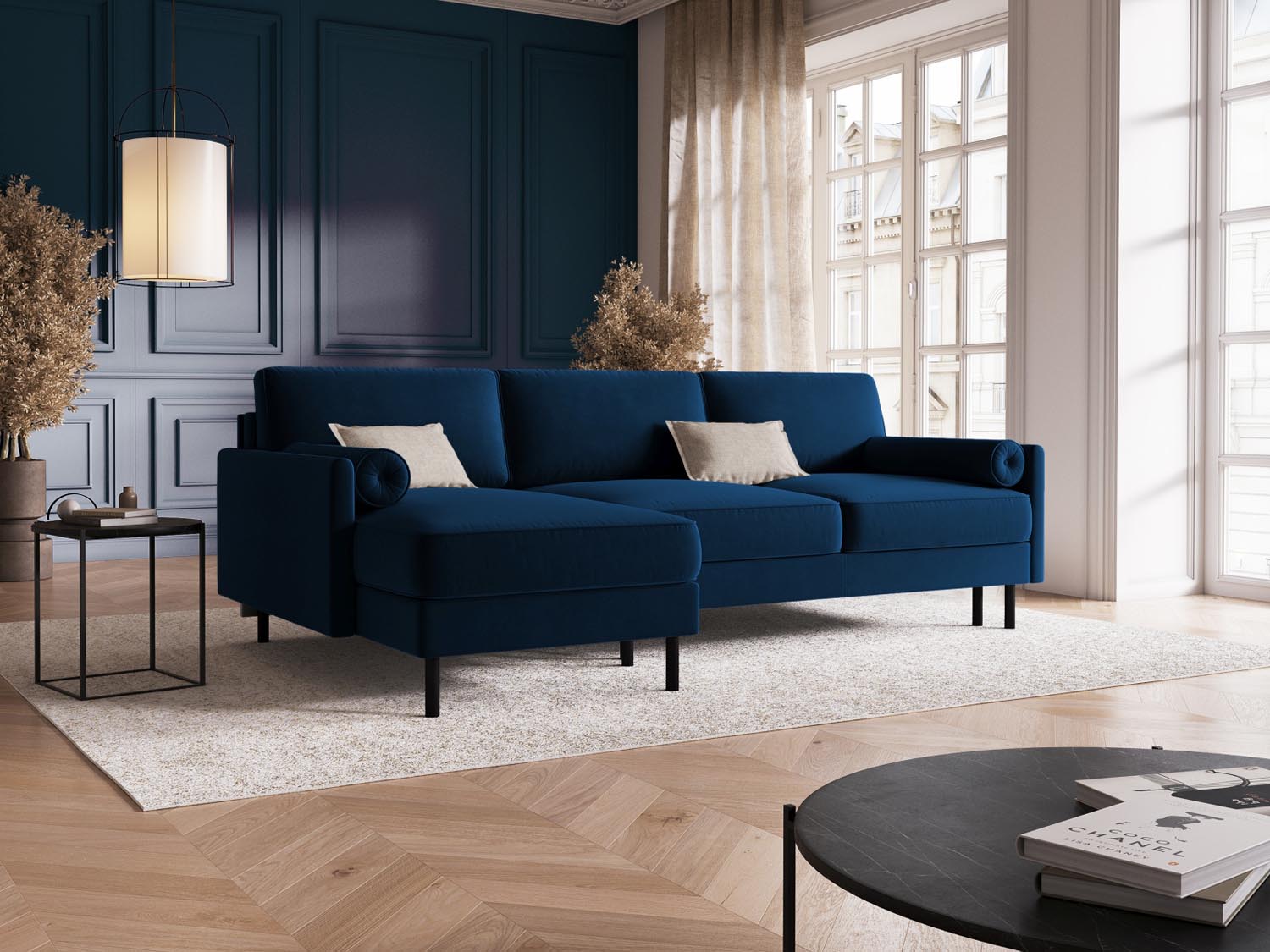 Scott Velour links Ecksofa mit Schlaffunktion und Stauraum 5 Sitzer in Royal Blue präsentiert im Onlineshop von KAQTU Design AG. Ecksofa links ist von Micadoni