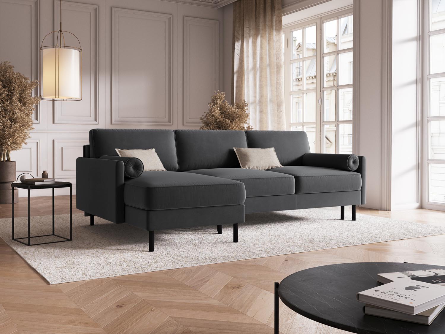 Scott Velour links Ecksofa mit Schlaffunktion und Stauraum 5 Sitzer in Grey präsentiert im Onlineshop von KAQTU Design AG. Ecksofa links ist von Micadoni