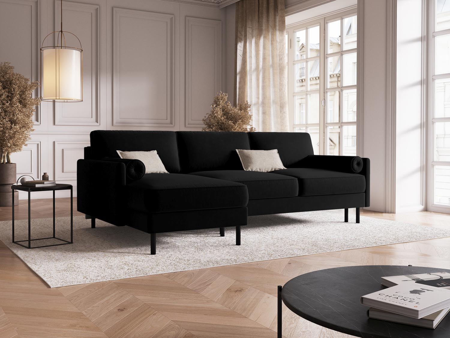 Scott Velour links Ecksofa mit Schlaffunktion und Stauraum 5 Sitzer in Black präsentiert im Onlineshop von KAQTU Design AG. Ecksofa links ist von Micadoni