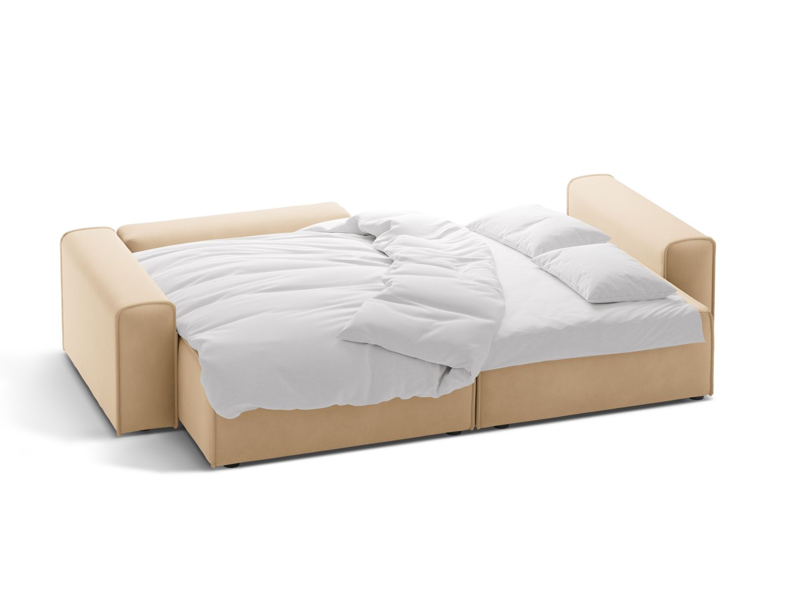 Stylisches 3-Sitzer Ecksofa Victor in sanftem Nude-Paris, perfekt für gemütliche Abende, mit cleverer Schlaffunktion und integriertem Stauraum.
