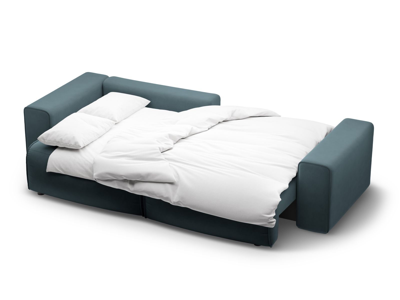 Stylisches Ecksofa Victor in Blau, bietet Platz für drei Personen, verwandelt sich in ein Bett und bietet zusätzlichen Stauraum.